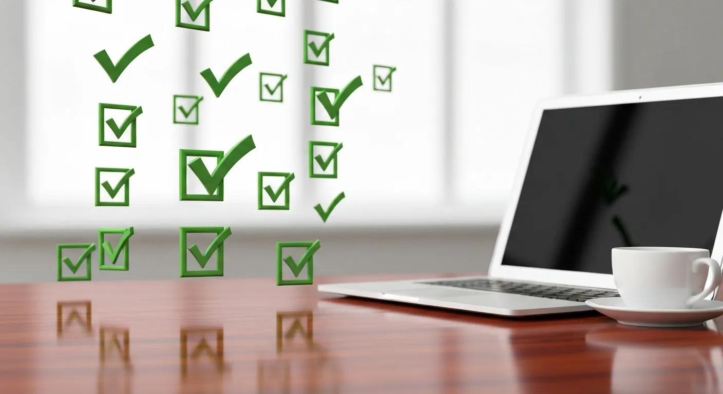 An array of checkmarks floating, displayed on a desk alongside a laptop and coffee