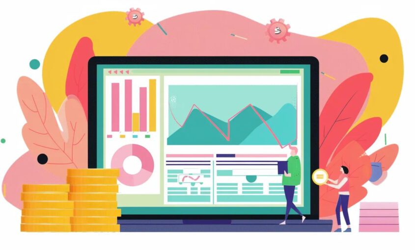illustration of a laptop screen showing a dashboard of KPIs and a stack of gold coins representing ROI from web design