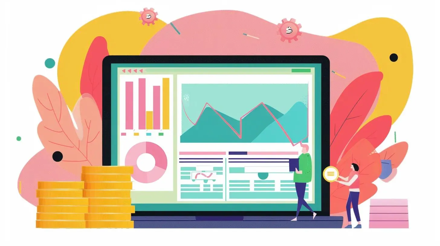 illustration of a laptop screen showing a dashboard of KPIs and a stack of gold coins representing ROI from web design