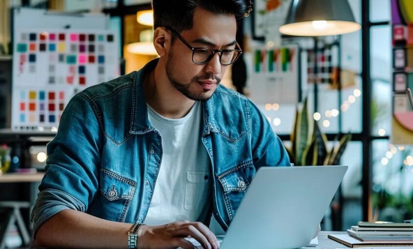 Small business owner designing a website with WordPress in a cozy office