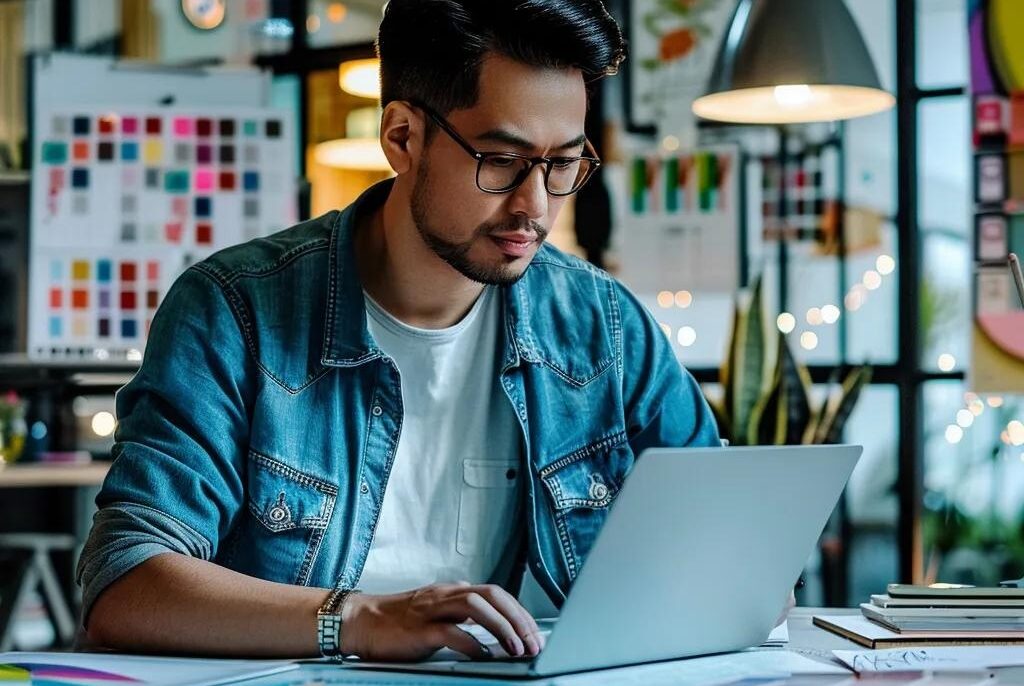 Small business owner designing a website with WordPress in a cozy office