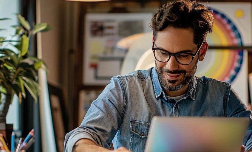 Small business owner designing a website with WordPress in a cozy office setting