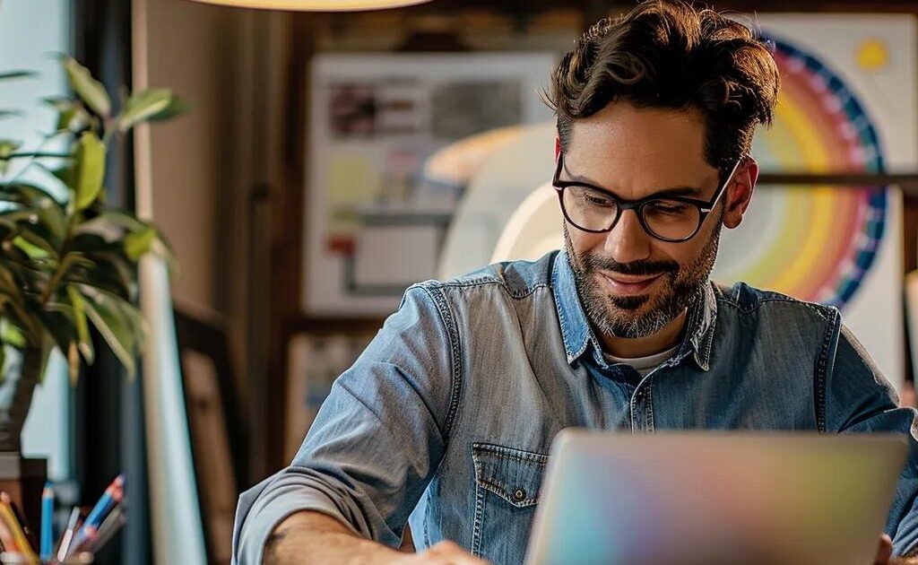 Small business owner designing a website with WordPress in a cozy office setting