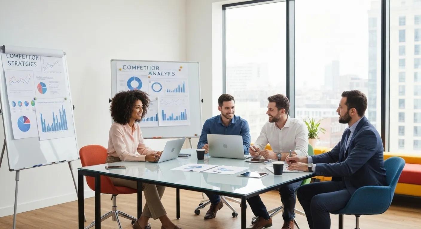 Professionals brainstorming competitor analysis strategies in a creative workspace
