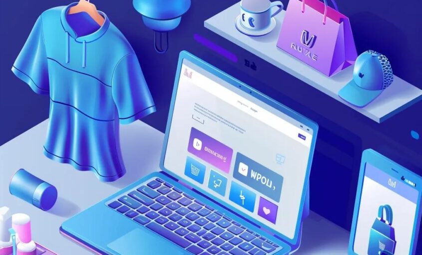 Modern e-commerce setup with a laptop displaying a WordPress site and various products | WordPress E-Commerce Solutions