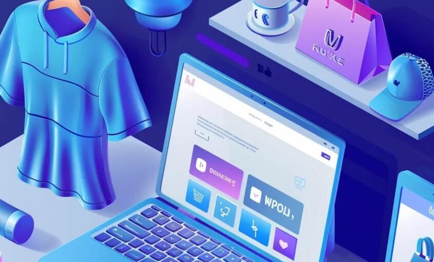 Modern e-commerce setup with a laptop displaying a WordPress site and various products | WordPress E-Commerce Solutions