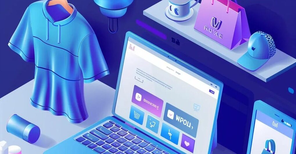Modern e-commerce setup with a laptop displaying a WordPress site and various products | WordPress E-Commerce Solutions