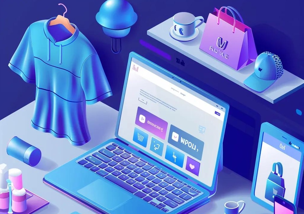 Modern e-commerce setup with a laptop displaying a WordPress site and various products | WordPress E-Commerce Solutions