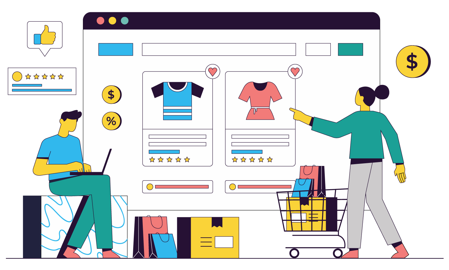 Illustration of an e-commerce store within a browser window with a person sitting on the left and browsing on a laptop, and a second person standing in front of the browser window selecting an item and adding it to a shopping cart. | ecommerce vs e-commerce