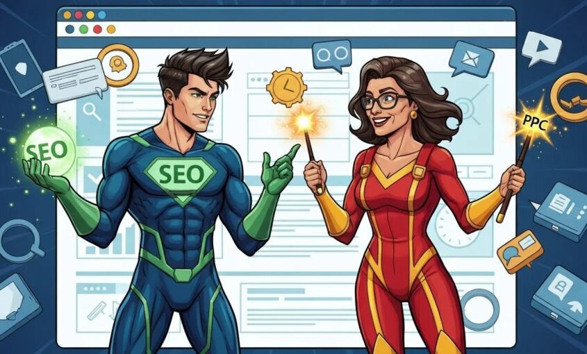 Illustration of two superhero character like people working together with one labeled "SEO" and the other labeled "PPC"