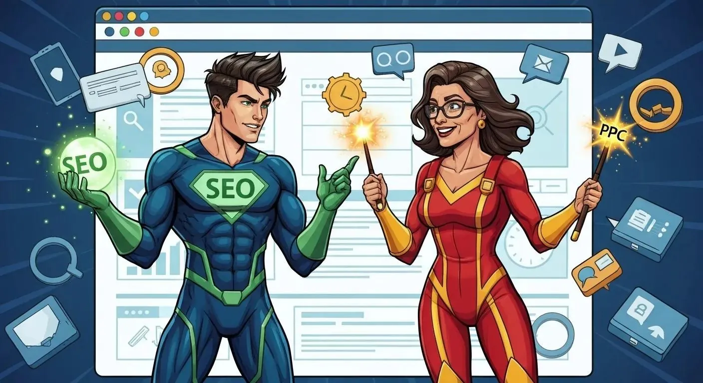Illustration of two superhero character like people working together with one labeled "SEO" and the other labeled "PPC"