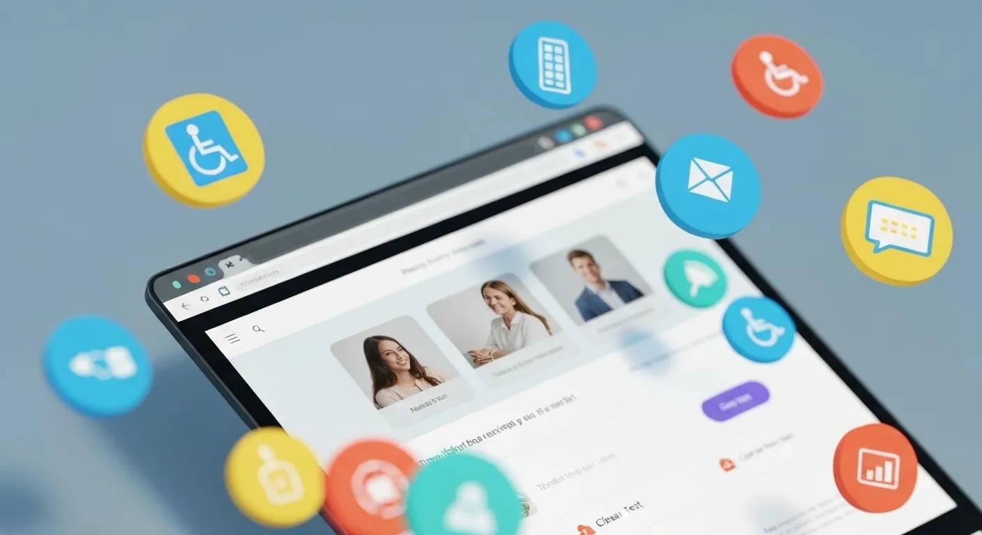 Image of a website on a browser with accessibility icons floating around representing the importance of accessible website design