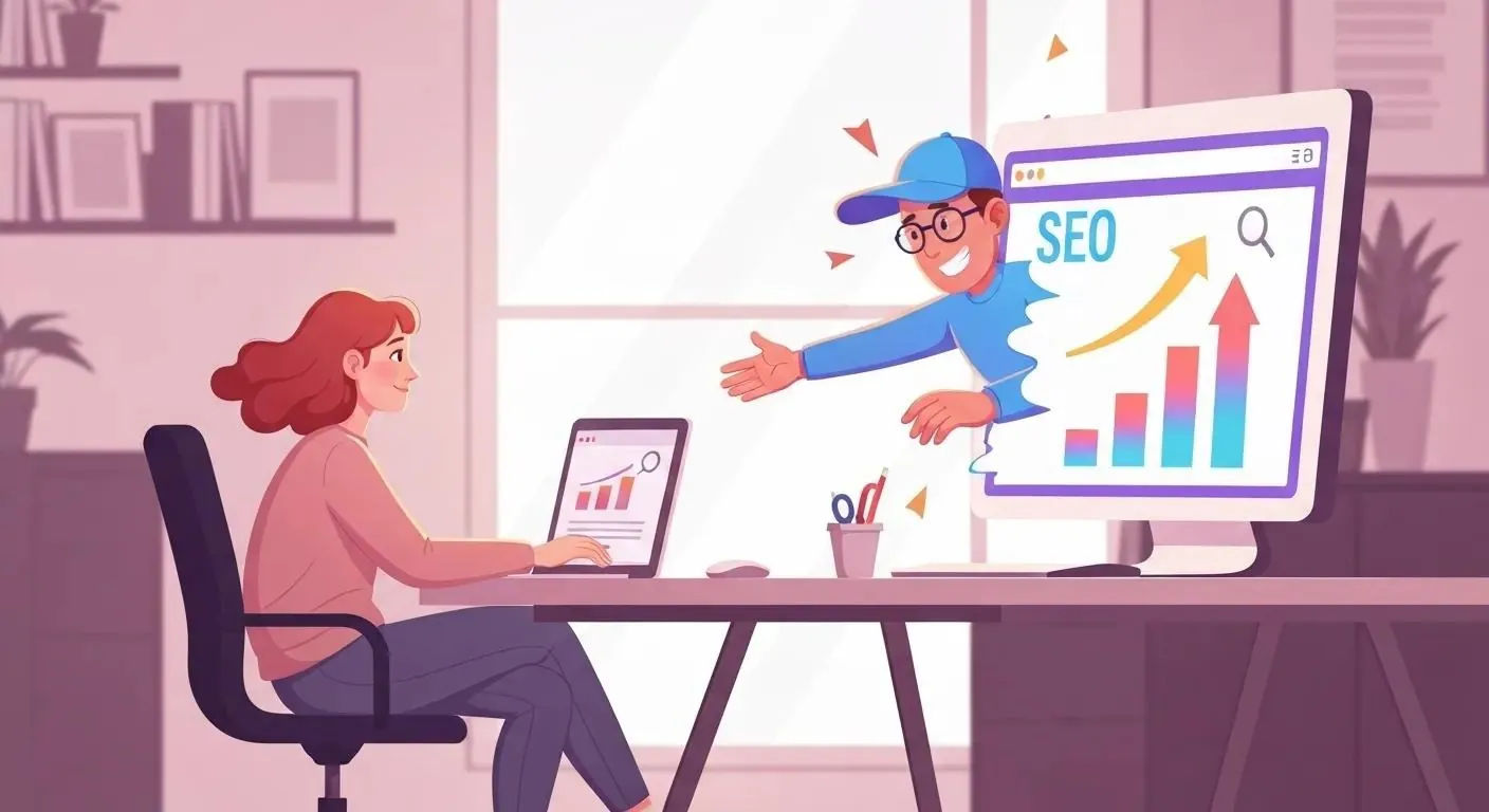 Illustration of SEO coming out of a computer screen and shaking hands with the user using the laptop while sitting down at a desk | PPC vs SEO