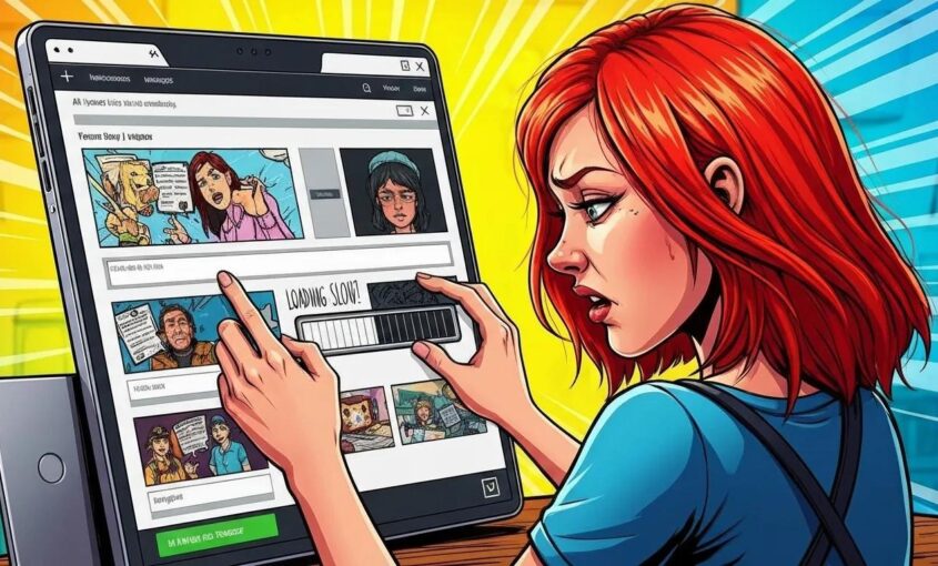 Illustration of a frustrated user using a website that is slow and not optimized - change that with one of the best WordPress optimization plugins
