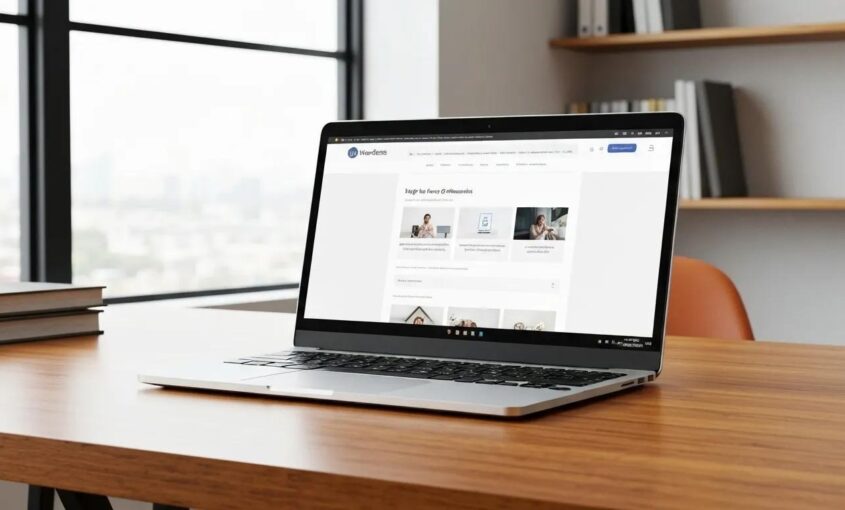 Sleek modern workspace featuring a laptop displaying a lightning-fast WordPress website, symbolizing expert performance optimization