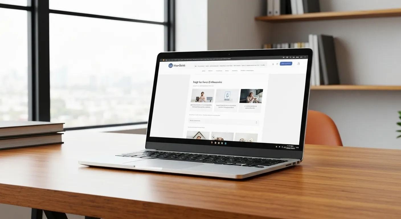 Sleek modern workspace featuring a laptop displaying a lightning-fast WordPress website, symbolizing expert performance optimization