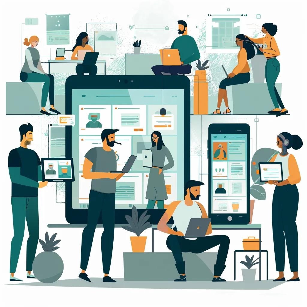 Diverse group of people using devices to access a responsive website in a café