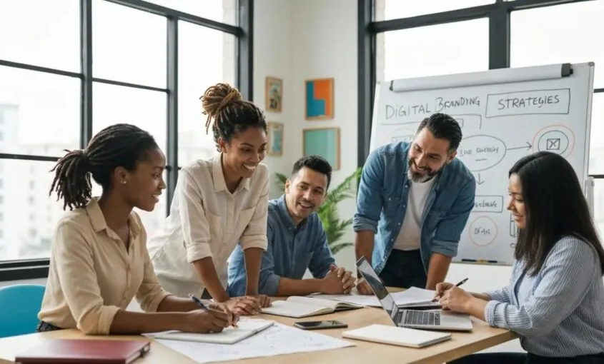 A diverse group of small business owners collaborating enthusiastically on digital branding strategies in a bright, modern workspace