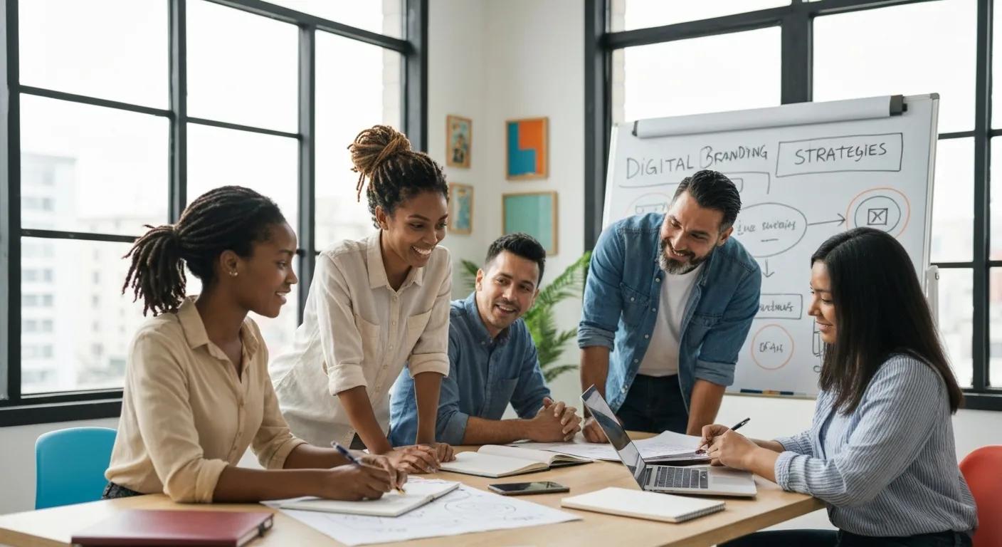 A diverse group of small business owners collaborating enthusiastically on digital branding strategies in a bright, modern workspace