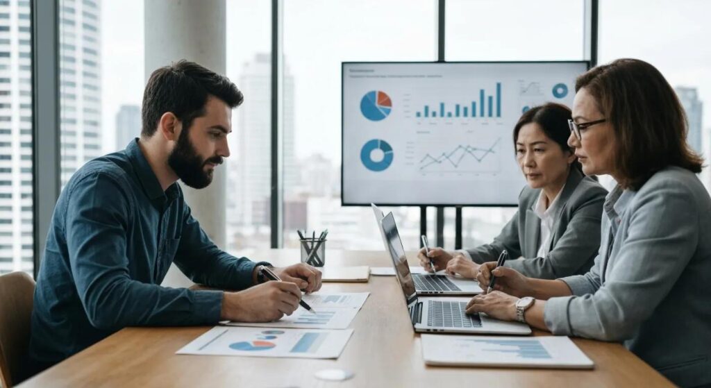 A small business team engaged in a competitive analysis meeting, surrounded by laptops and strategic documents
