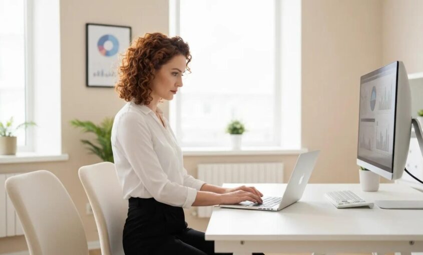 A small business owner thoughtfully examining market data on a laptop in a bright, modern workspace