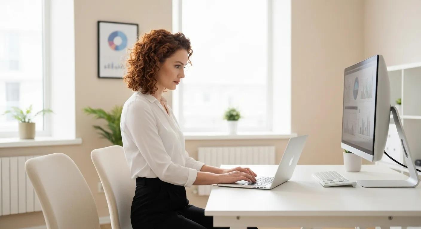 A small business owner thoughtfully examining market data on a laptop in a bright, modern workspace