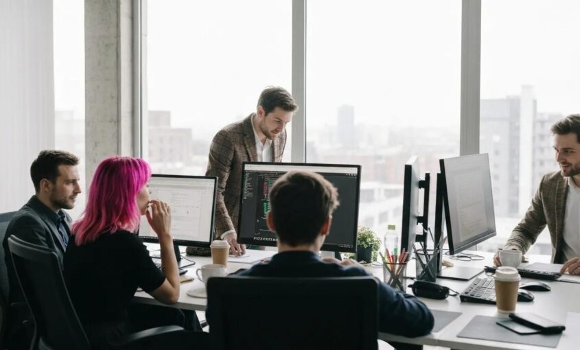 A dynamic team of web developers collaborating intently on a WordPress project within a modern, bright office space