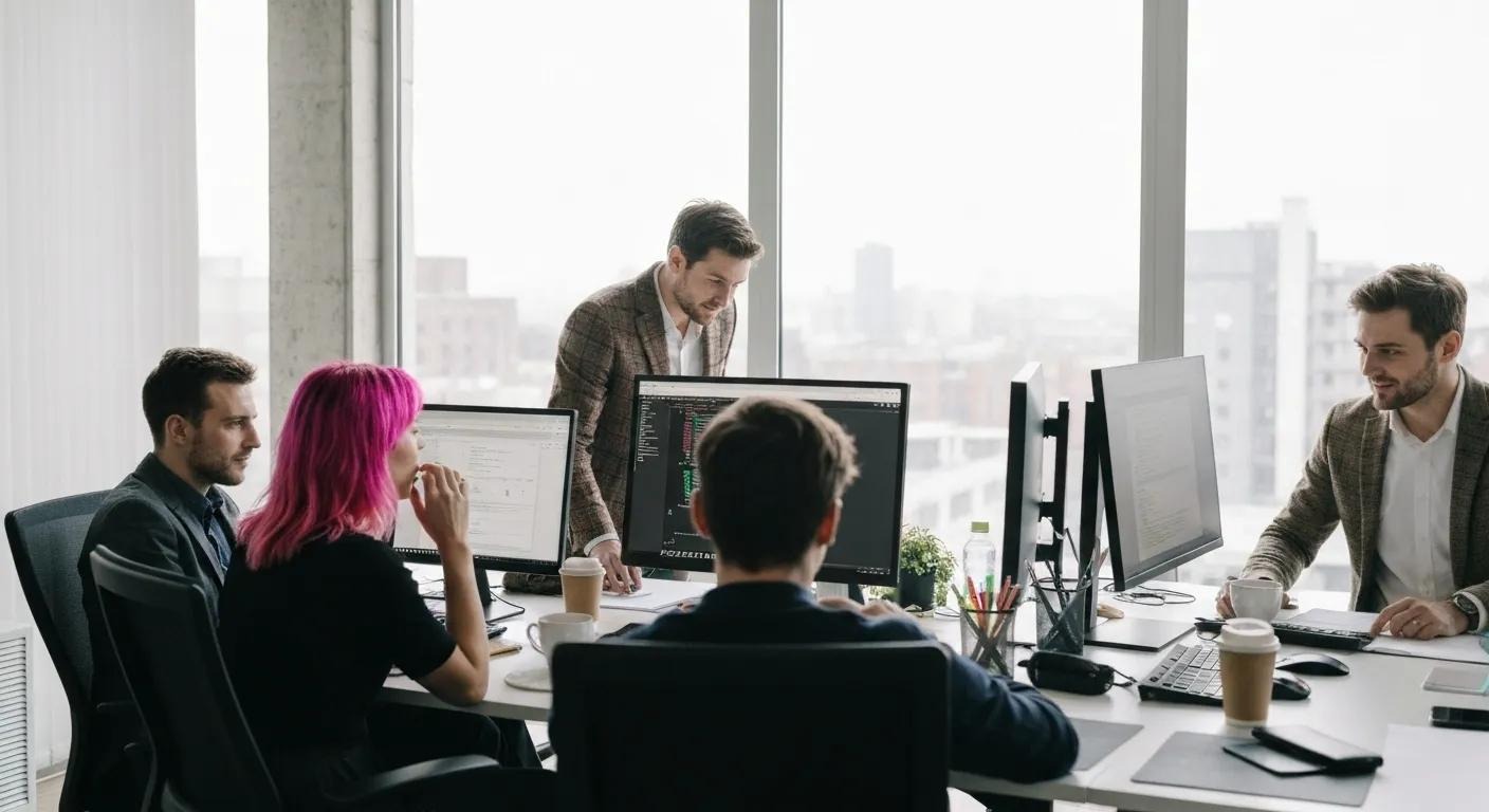 A dynamic team of web developers collaborating intently on a WordPress project within a modern, bright office space