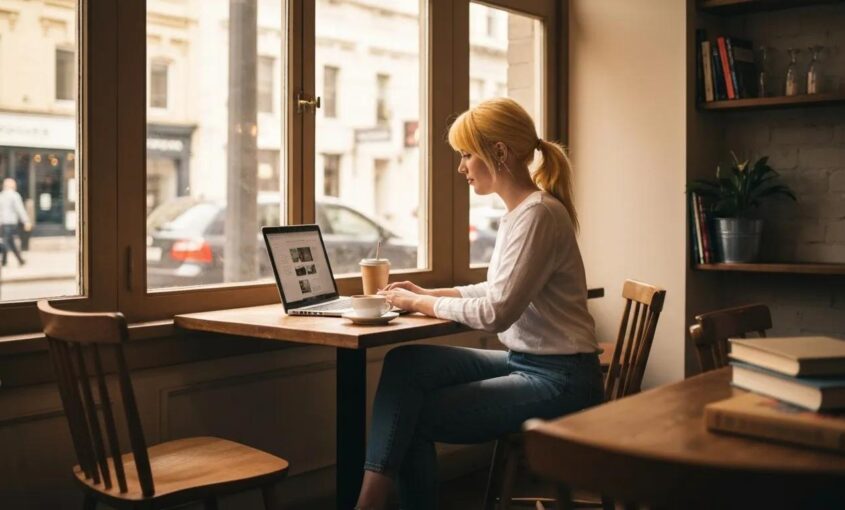 Small business owner working on a laptop in a cozy café, highlighting local WordPress design services