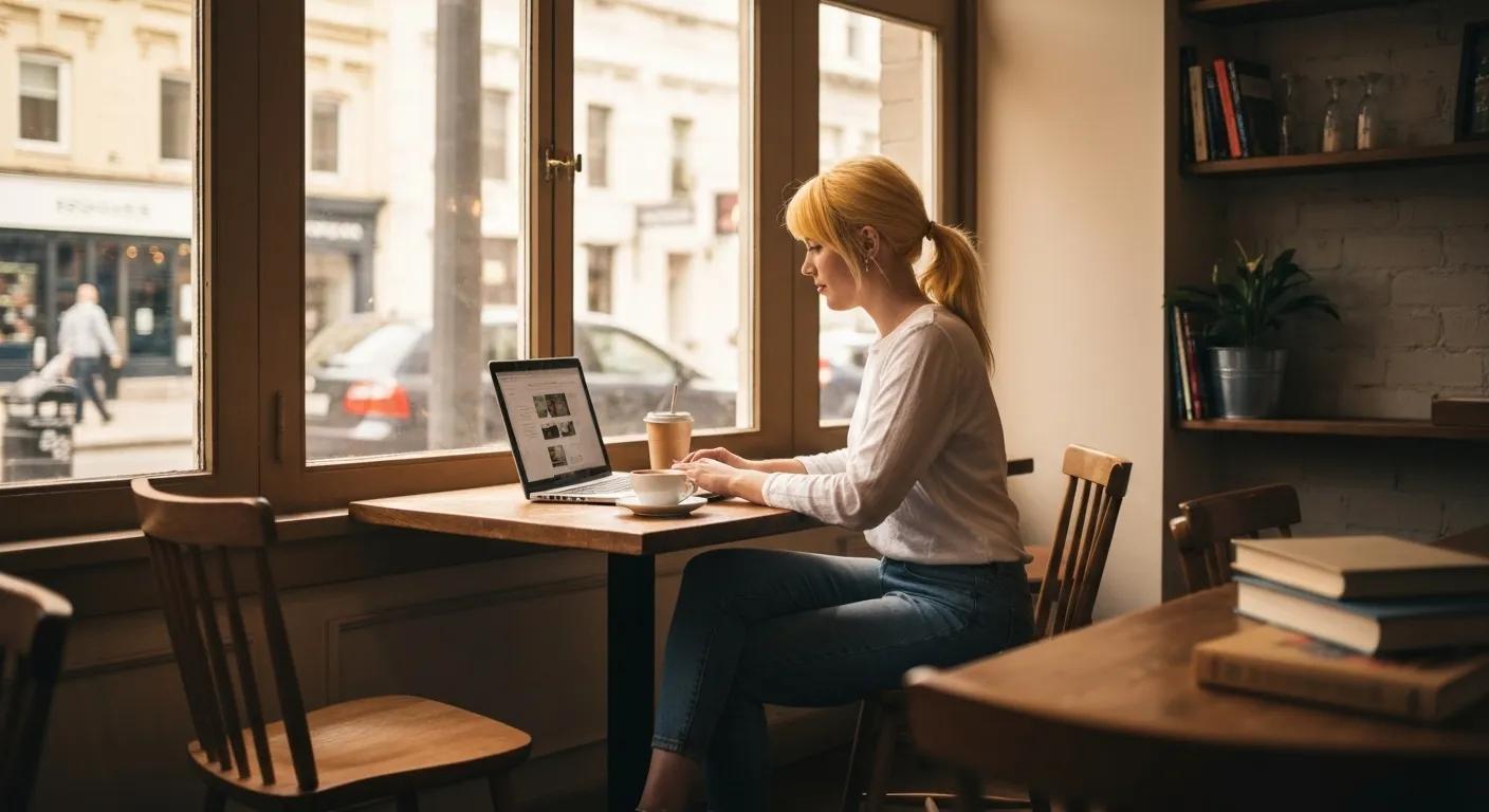 Small business owner working on a laptop in a cozy café, highlighting local WordPress design services