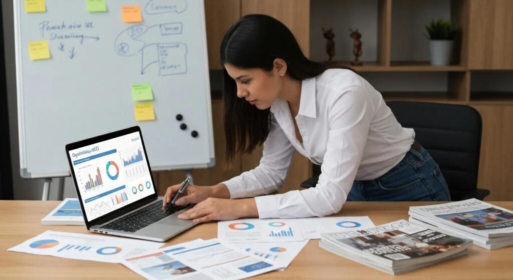 A professional meticulously optimizing SEO strategies on a laptop, surrounded by relevant marketing materials