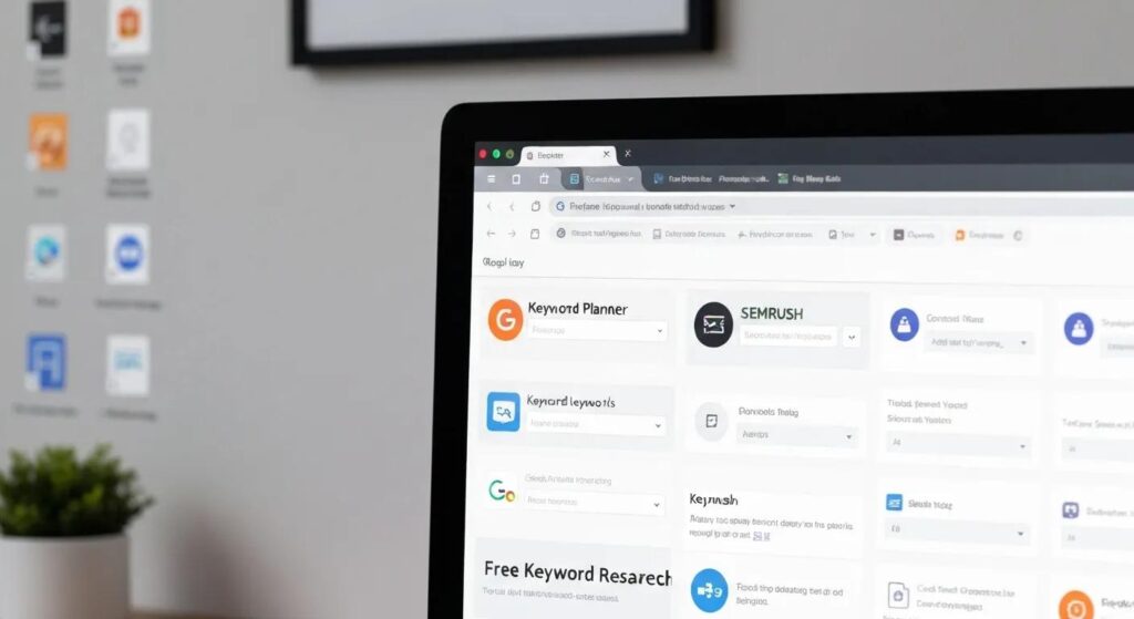 A close-up view of a computer screen showcasing various free keyword research tools tailored for small businesses