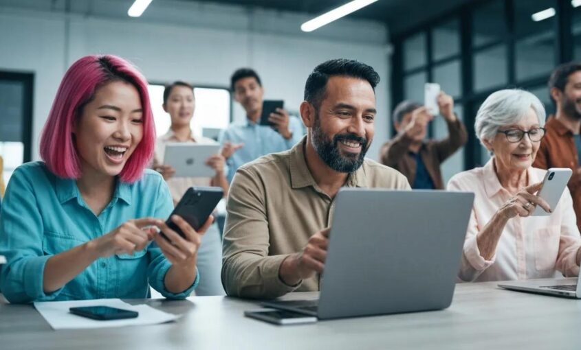 A dynamic scene of diverse individuals actively interacting with email campaigns across various digital devices, symbolizing the excitement and success of effective strategies