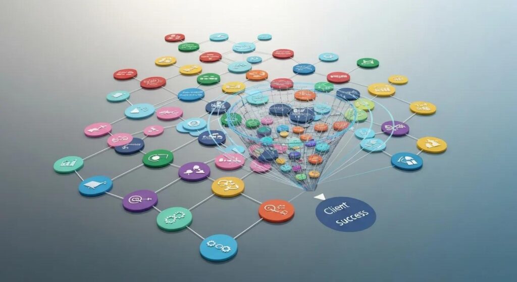 Abstract network diagram showing multiple marketing channels funneling into client success