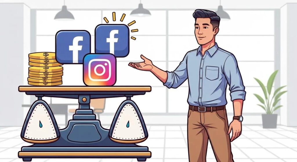 Illustration of a small business owner balancing social media ad icons with dollar signs on a scale