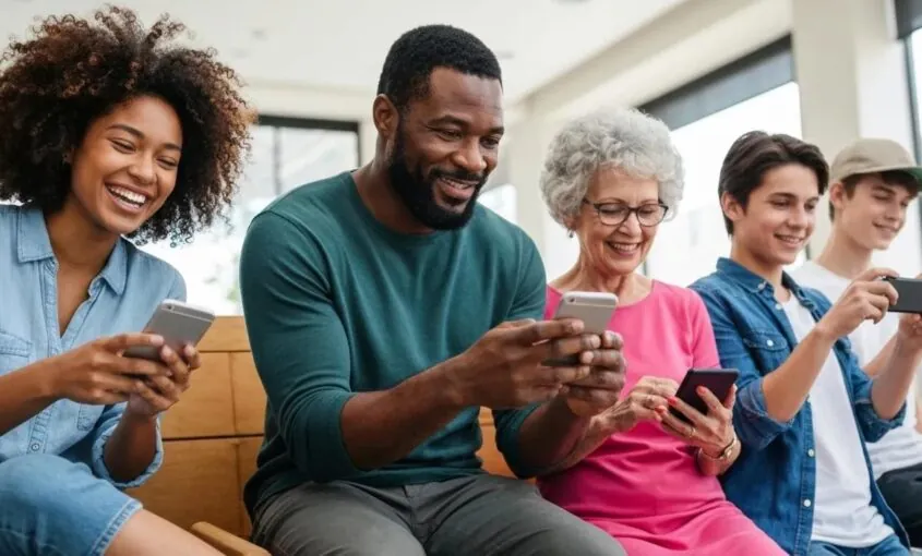 Diverse group engaging with social media on devices, representing social media advertising strategies