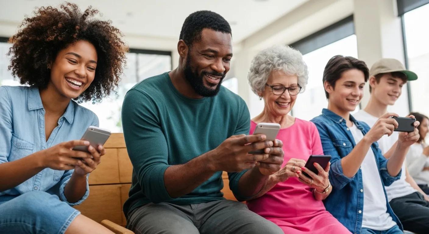 Diverse group engaging with social media on devices, representing social media advertising strategies