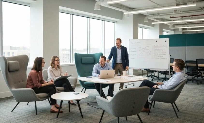 A dynamic team strategizing client acquisition in a modern, collaborative workspace