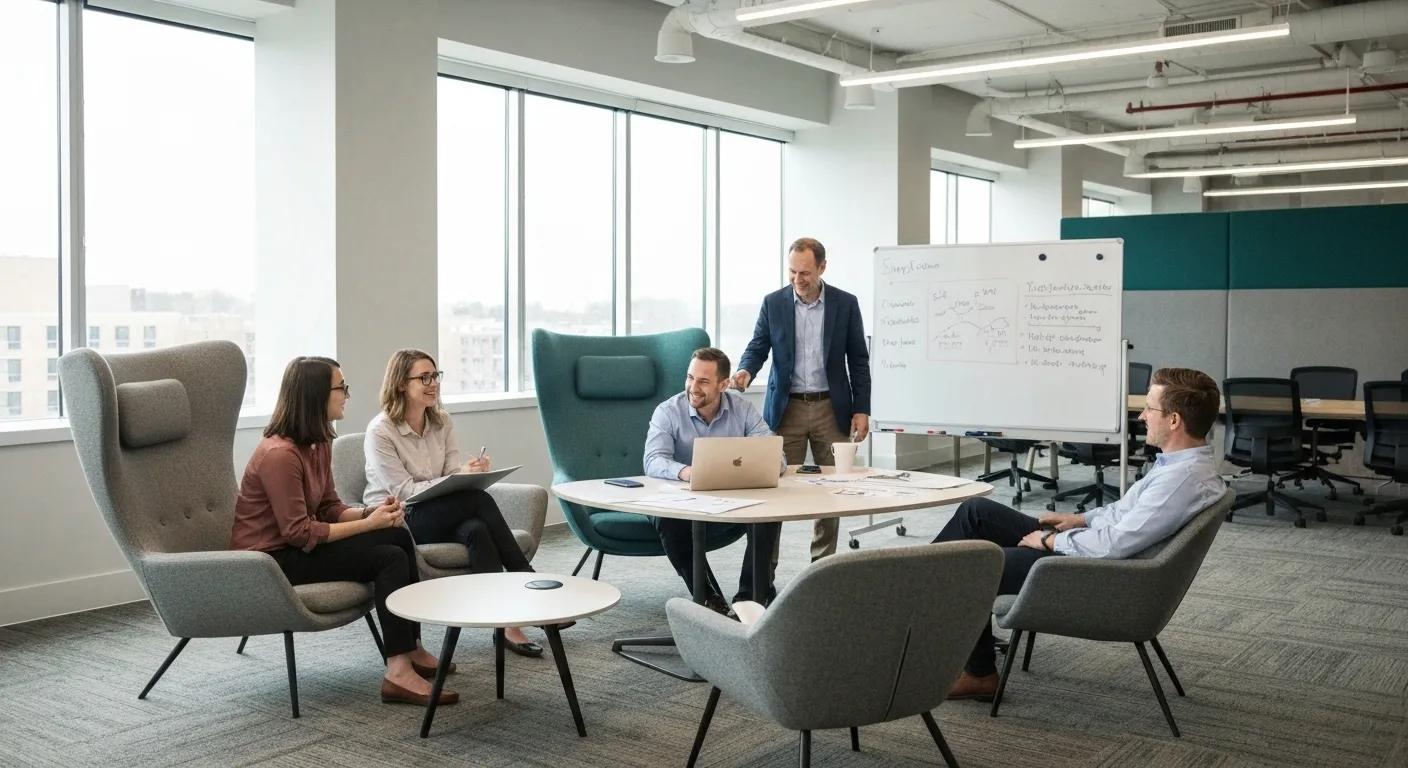 A dynamic team strategizing client acquisition in a modern, collaborative workspace