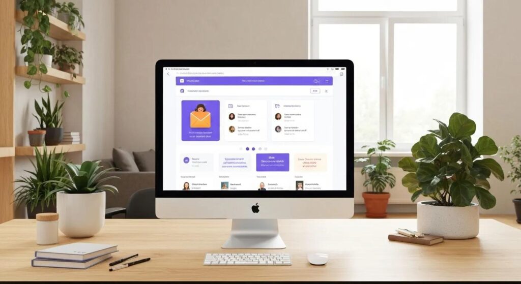 A sleek computer screen displaying an intuitive email automation tool within a modern office setting, highlighting the efficiency and power email marketing offers small businesses