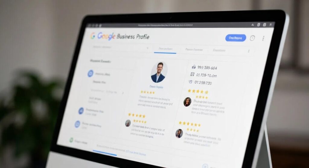 A close-up of an optimized Google Business Profile displayed on a computer screen, highlighting key business information and customer reviews