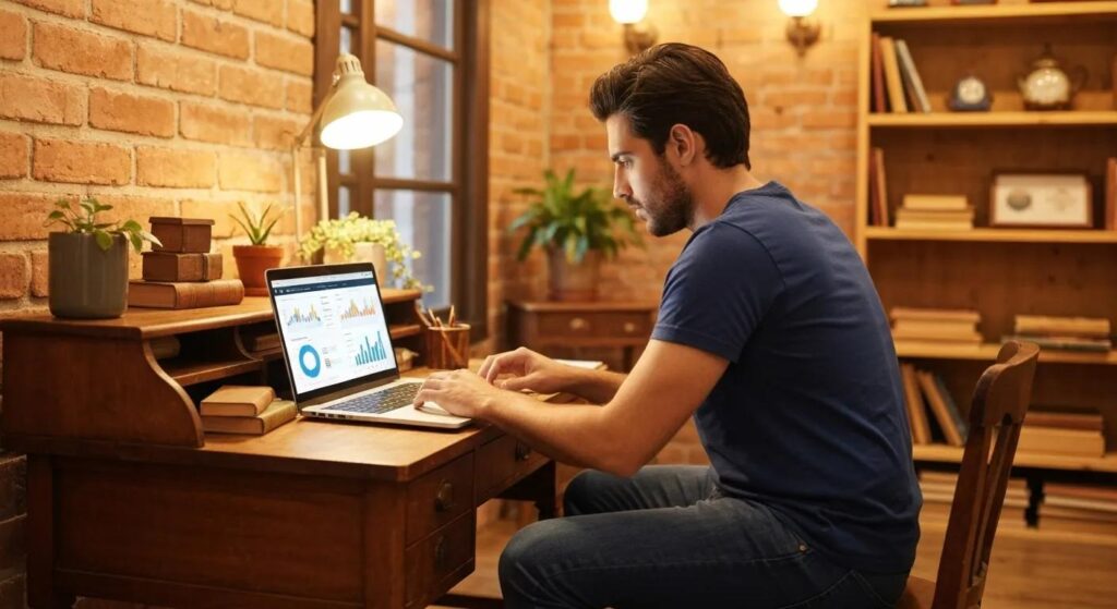 A small business owner reviewing SEO metrics on a laptop in a cozy shop setting