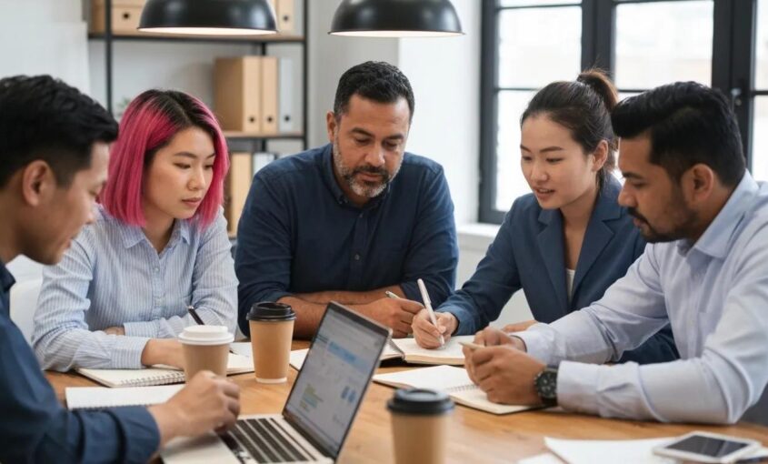 A diverse team of professionals collaborating around a table, focused on keyword research tools and SEO strategy