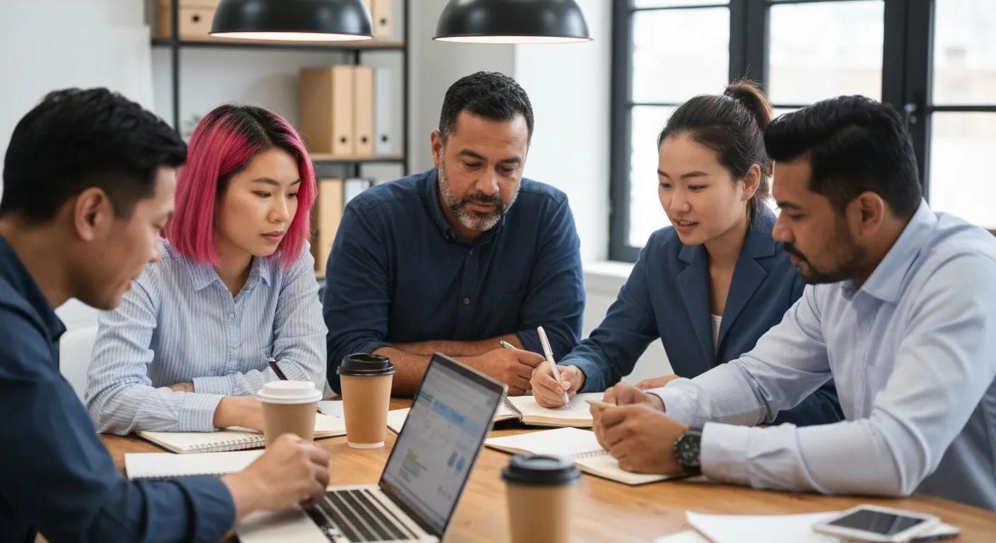 A diverse team of professionals collaborating around a table, focused on keyword research tools and SEO strategy