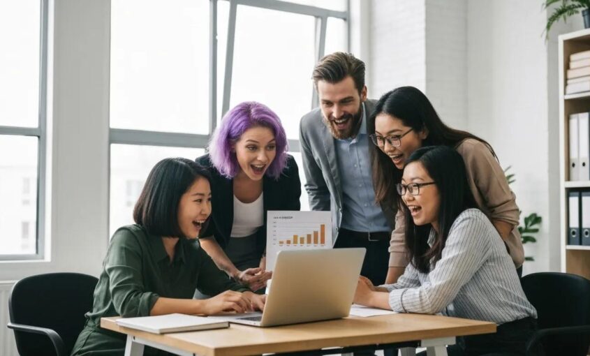 A dynamic team of small business professionals collaborating enthusiastically around a laptop, strategizing with CRM insights in a bright, modern office setting.