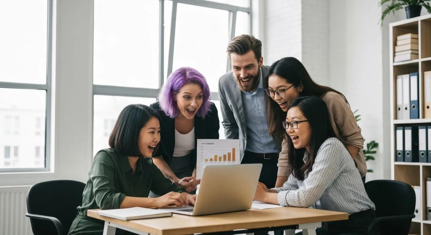 A dynamic team of small business professionals collaborating enthusiastically around a laptop, strategizing with CRM insights in a bright, modern office setting.