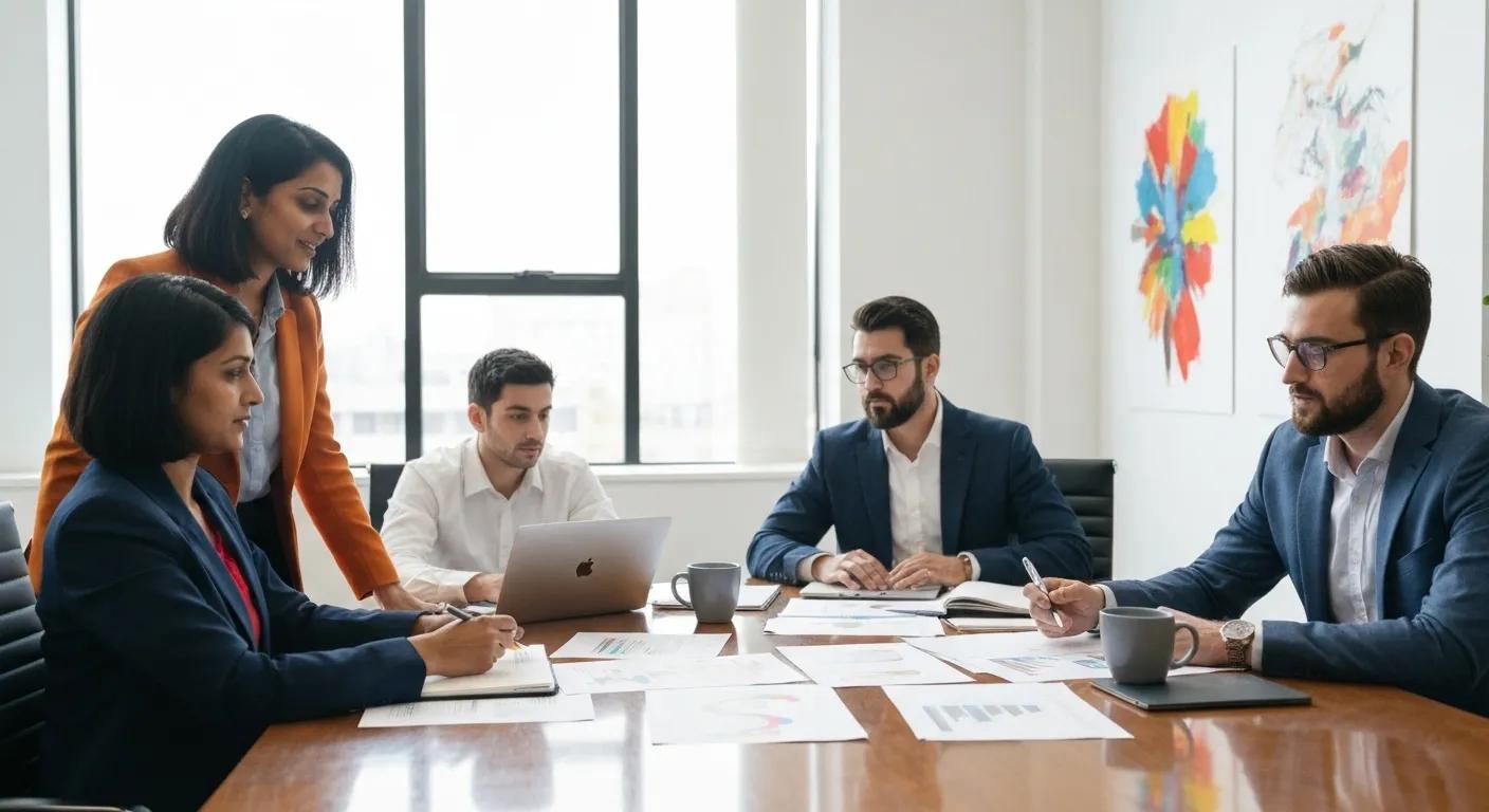 A diverse group of professionals collaborating on content marketing strategies in a modern, bright office space