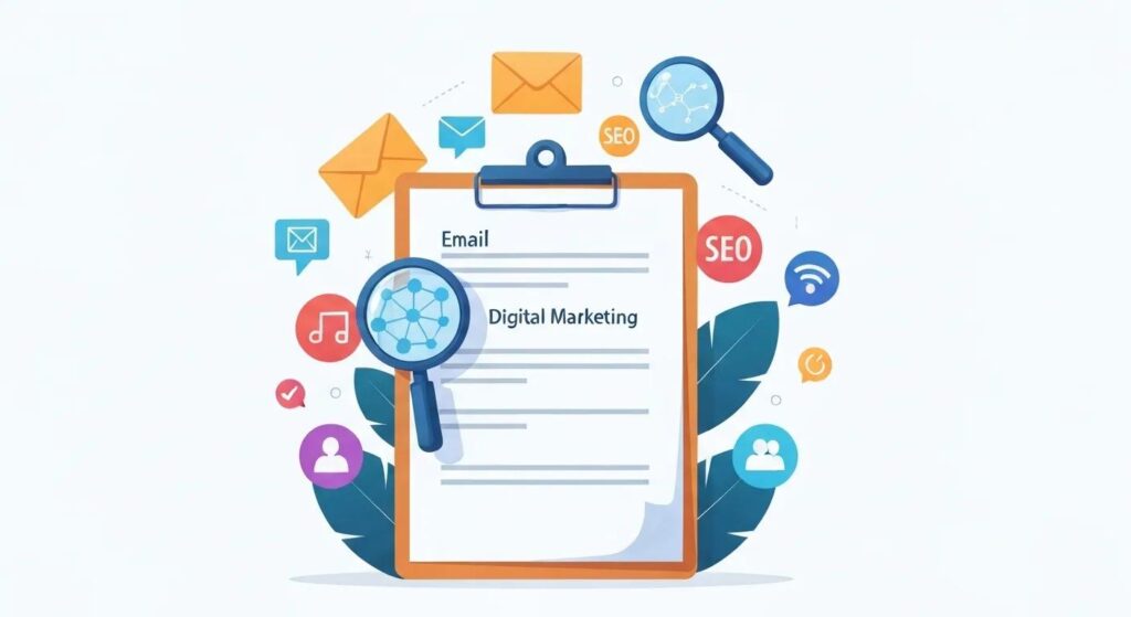 Illustration of a clipboard with digital marketing icons like email, SEO, and social media surrounding it