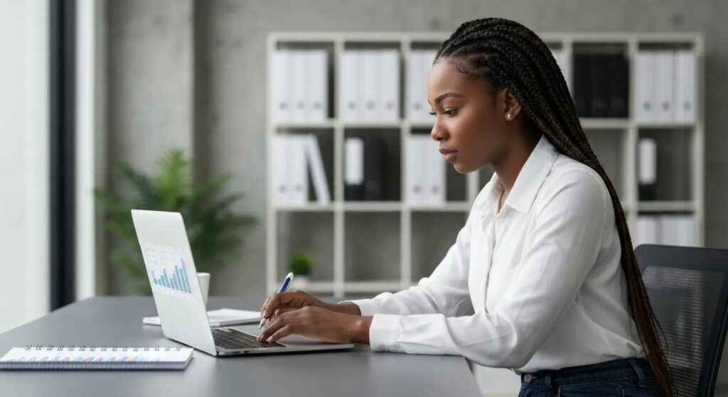 A marketing specialist meticulously analyzing target audience data on a laptop in a focused work environment