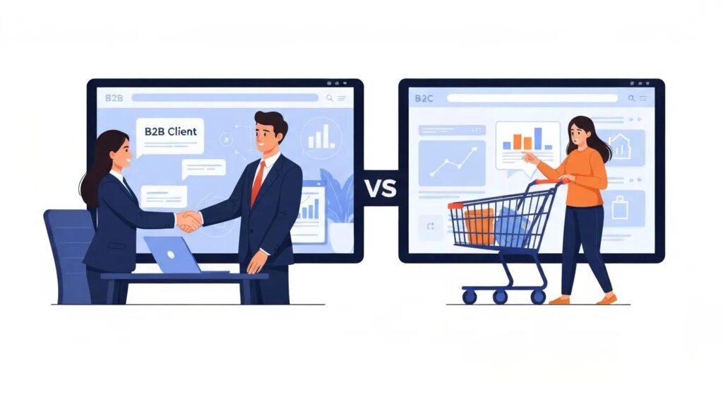 Illustration of a split screen showing B2B client acquisition with handshake and B2C acquisition with shopping cart